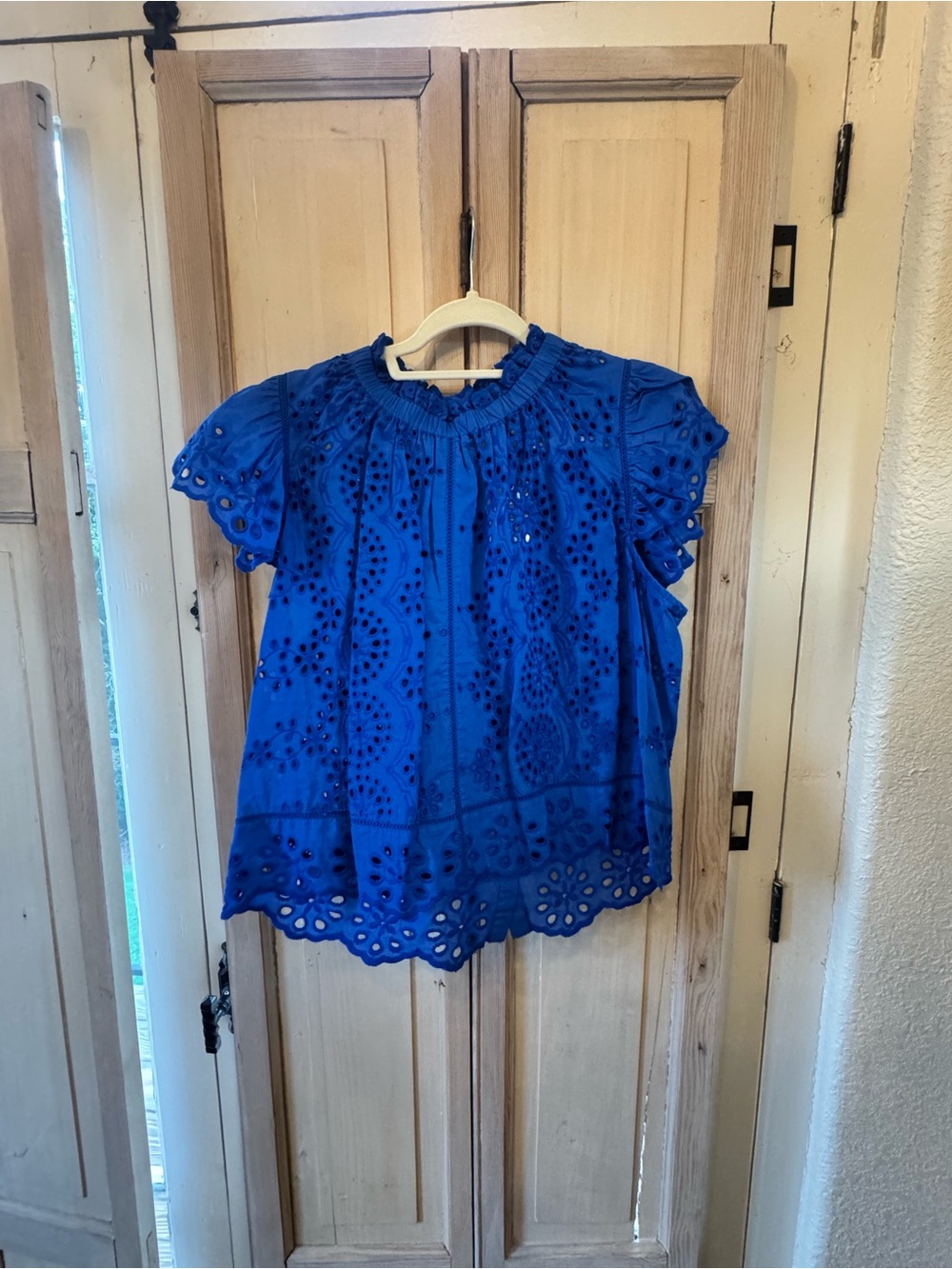 Women’s Royal Blue Eyelet Flutter Sleeve Blouse